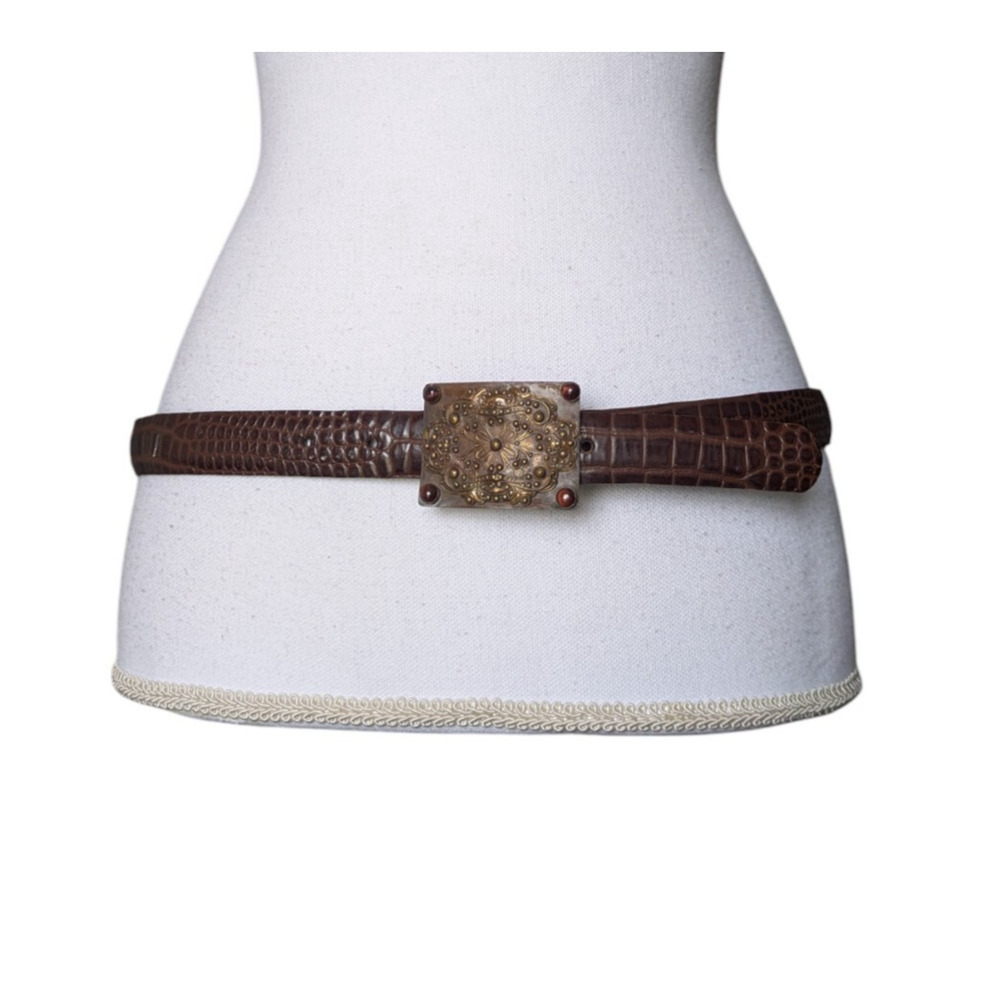 Vintage Elaine Coyne Brown Brass Square Leather Croc Embossed Belt Size Large